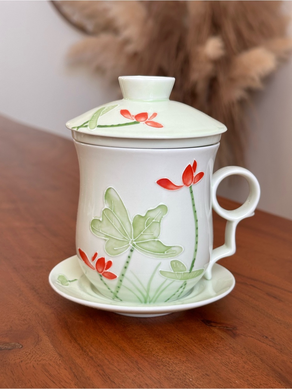 Teavana Red Lotus Porcelain Tea Cup Infuser Set Floral Tea Ritual Collectible